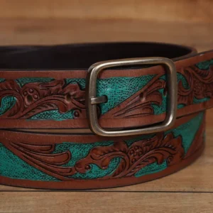 Brown hand crafted with sky blue color engraved belt