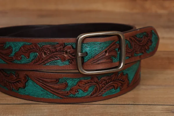 Brown hand crafted with sky blue color engraved belt