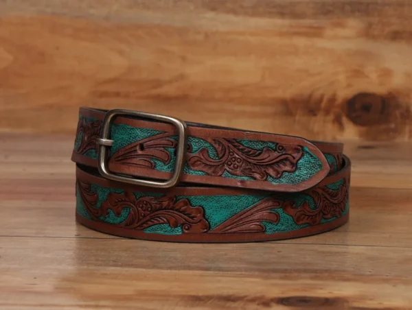 Brown hand crafted with sky blue color engraved belt - Image 3