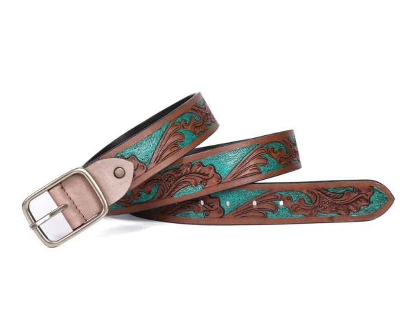 Brown hand crafted with sky blue color engraved belt - Image 2