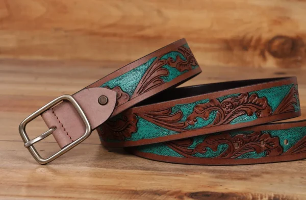 Brown hand crafted with sky blue color engraved belt - Image 4
