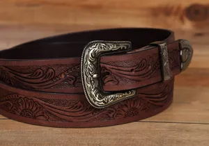 Engraved Brown Belt with Silver Engraved Buckle